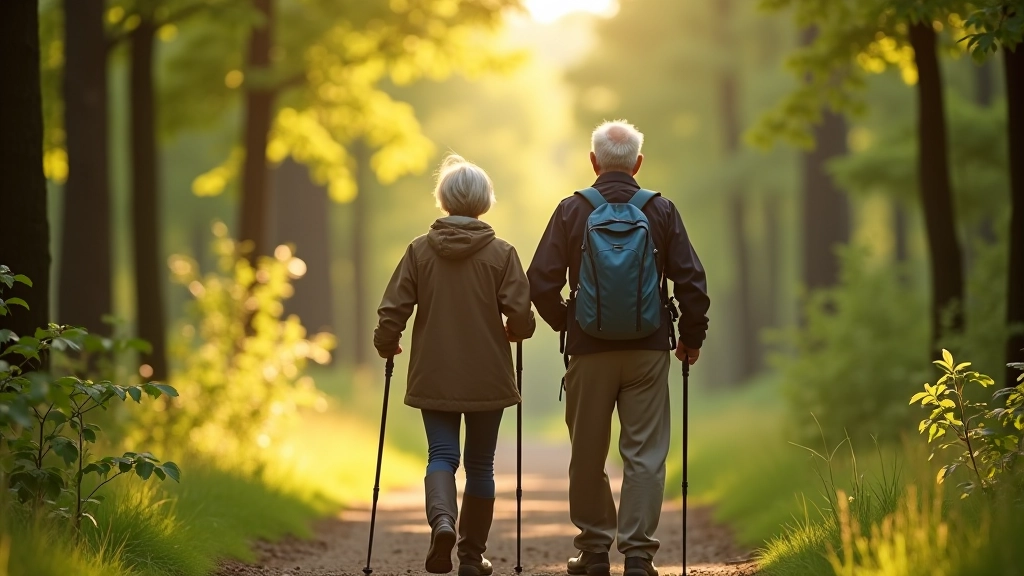 Seniorská dvojice s holemi na lesní cestě, slunečné počasí a zeleň